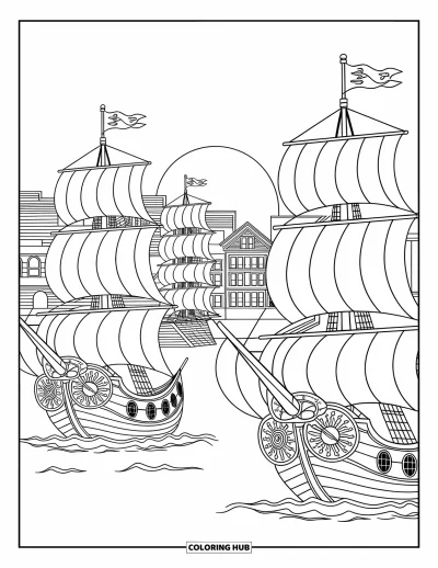 Dibujo de piratas para adultos: Un puerto pirata al atardecer con barcos y motivos náuticos detallados