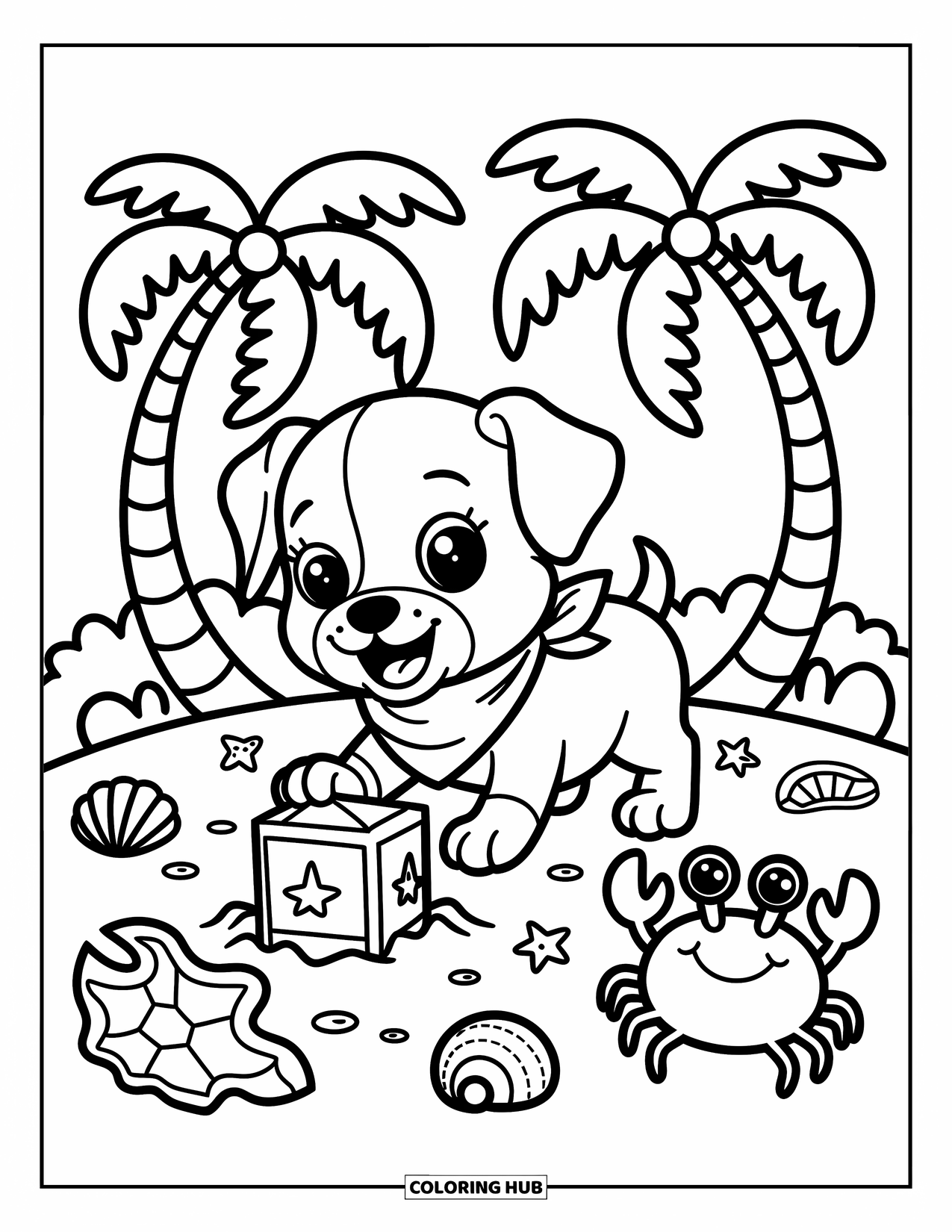 Pirate Coloring Page for Adults: A pirate puppy digs for treasure with a crab holding a map nearby