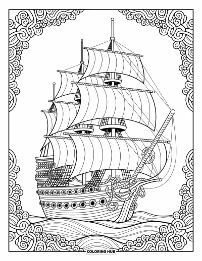 Dibujo de pirata para colorear para adultos: Un barco pirata con velas y cuerdas detalladas, enmarcado por intrincados patrones