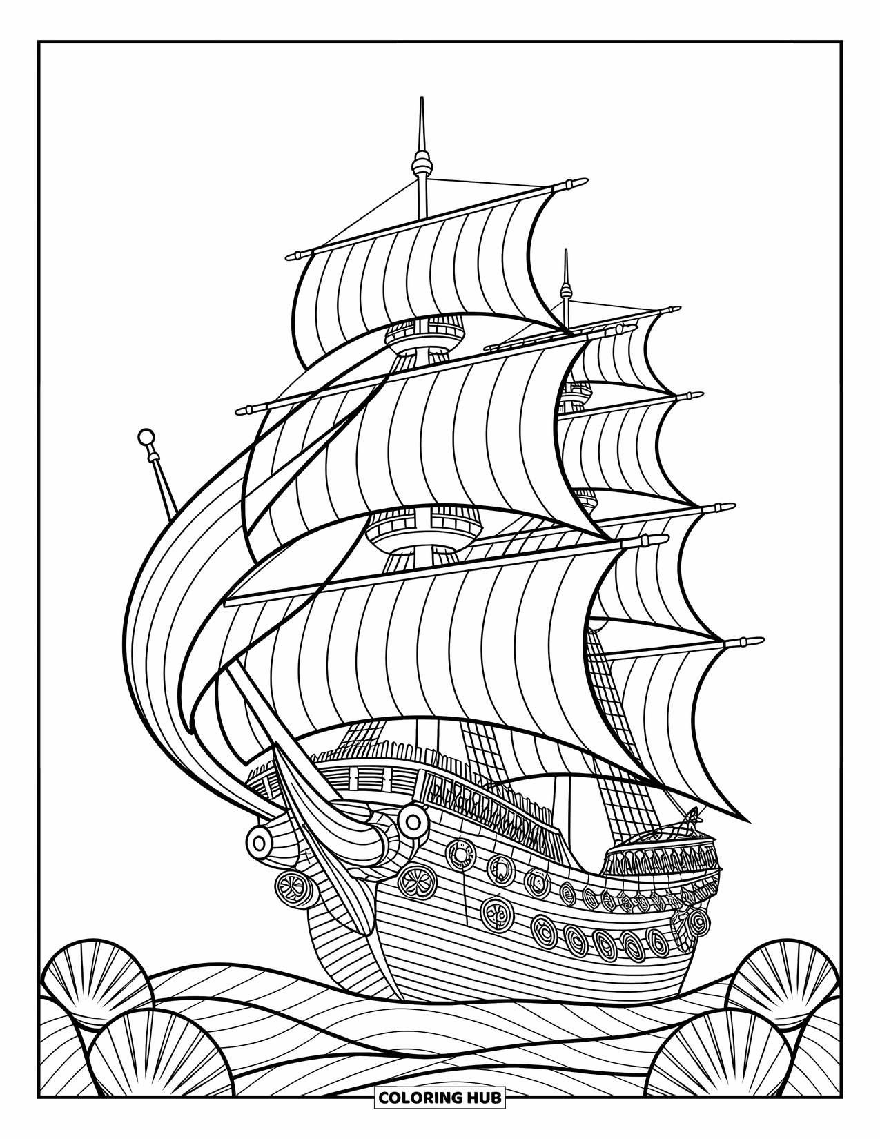Pirate Coloring Page for Adults: A pirate ship with detailed sails, ropes, and intricate carvings