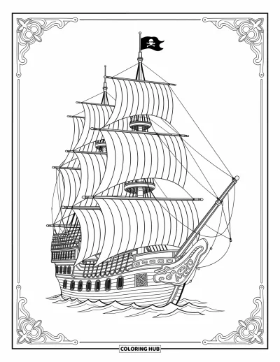 Dibujo de piratas para adultos: Un barco pirata con intrincadas velas, cuerdas y tallas ornamentadas