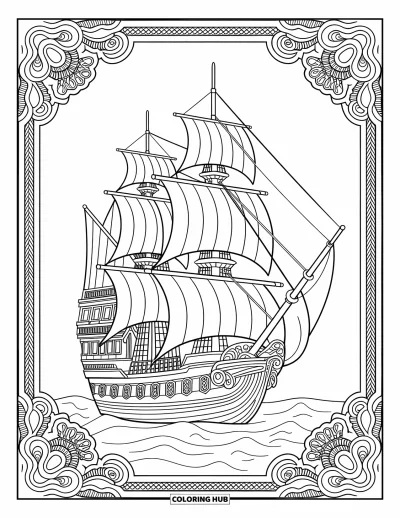 Dibujo de piratas para adultos: Un barco pirata con tallas ornamentadas y velas detalladas rodeado de patrones