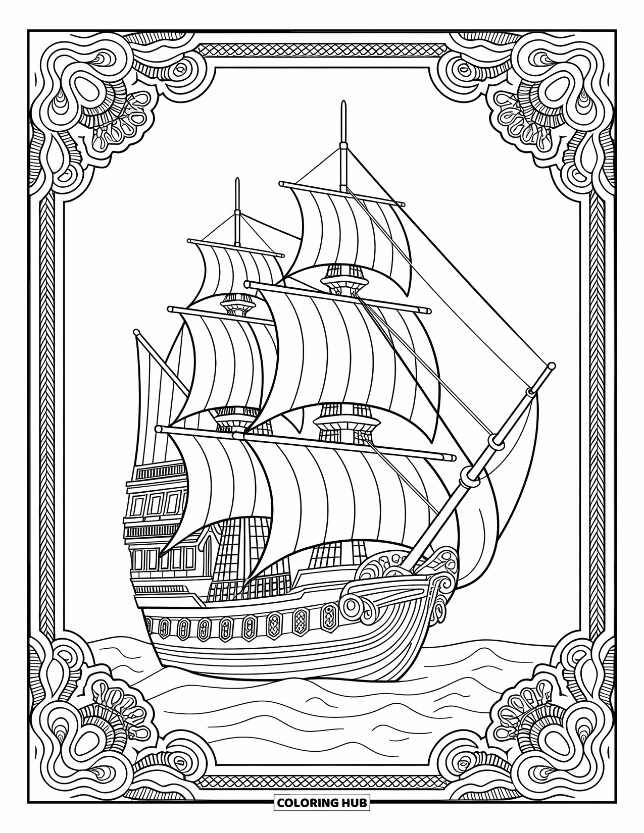 Pirate Coloring Page for Adults: A pirate ship with ornate carvings and detailed sails surrounded by patterns