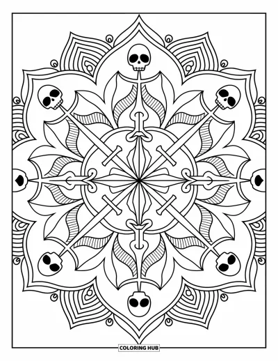 Dibujo de piratas para adultos: Un mandala con temática pirata con anclas, espadas y calaveras rodeado de intrincados patrones