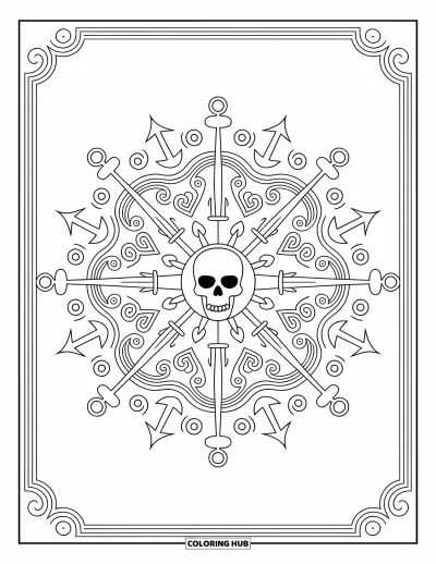 Dibujo de piratas para adultos: Un mandala con temática pirata con calaveras, espadas y anclas en diseños intrincados