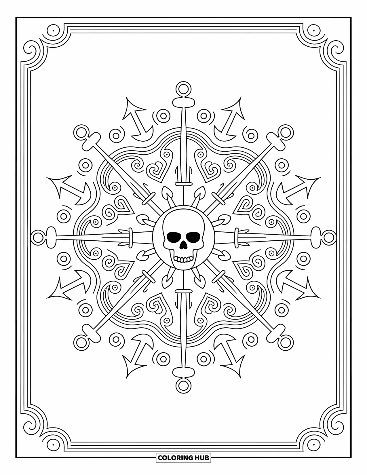 Pirate Coloring Page for Adults: A pirate-themed mandala with skulls, swords, and anchors in intricate designs