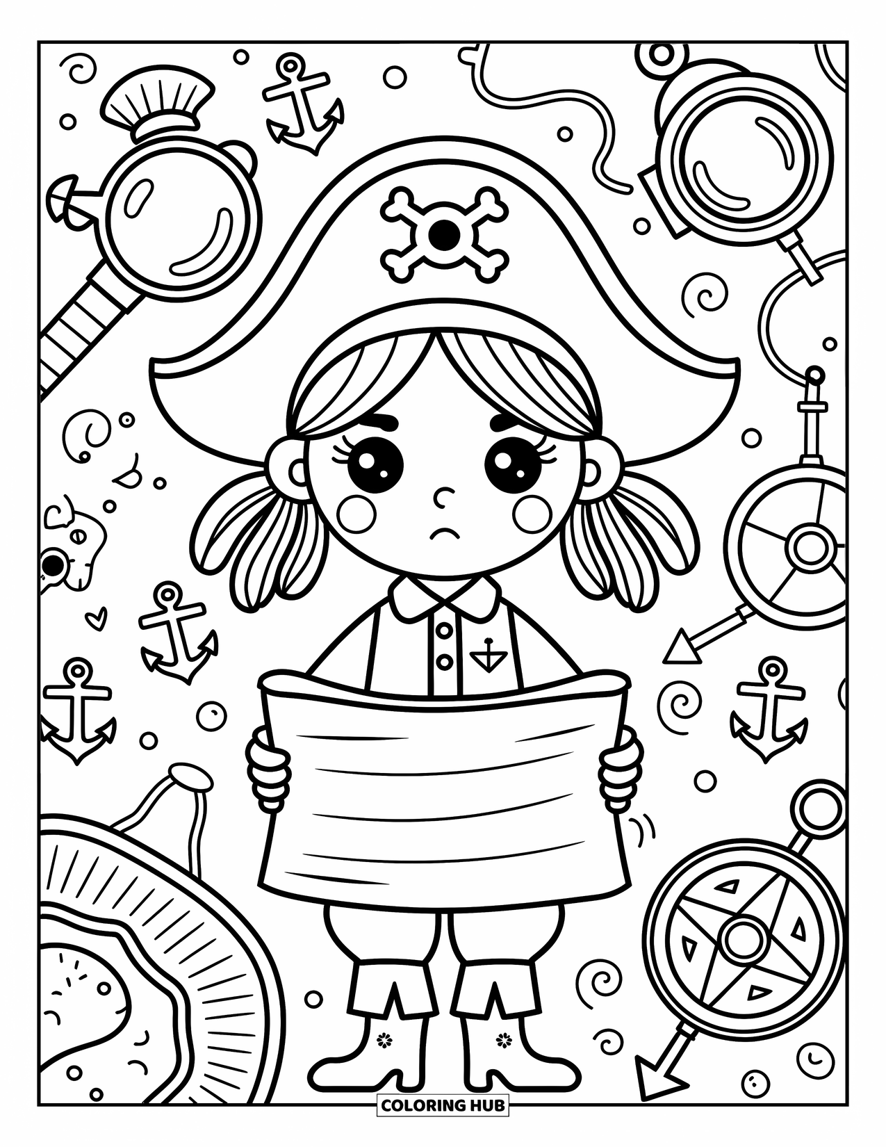 Pirate Coloring Page for Adults: A puzzled pirate girl reads a scroll with spyglasses and compasses around