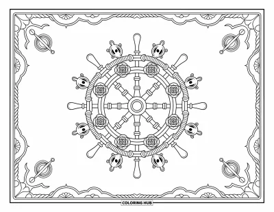 Dibujo de piratas para adultos: Un timón de barco con rosas y cuerdas, adornado con intrincados patrones