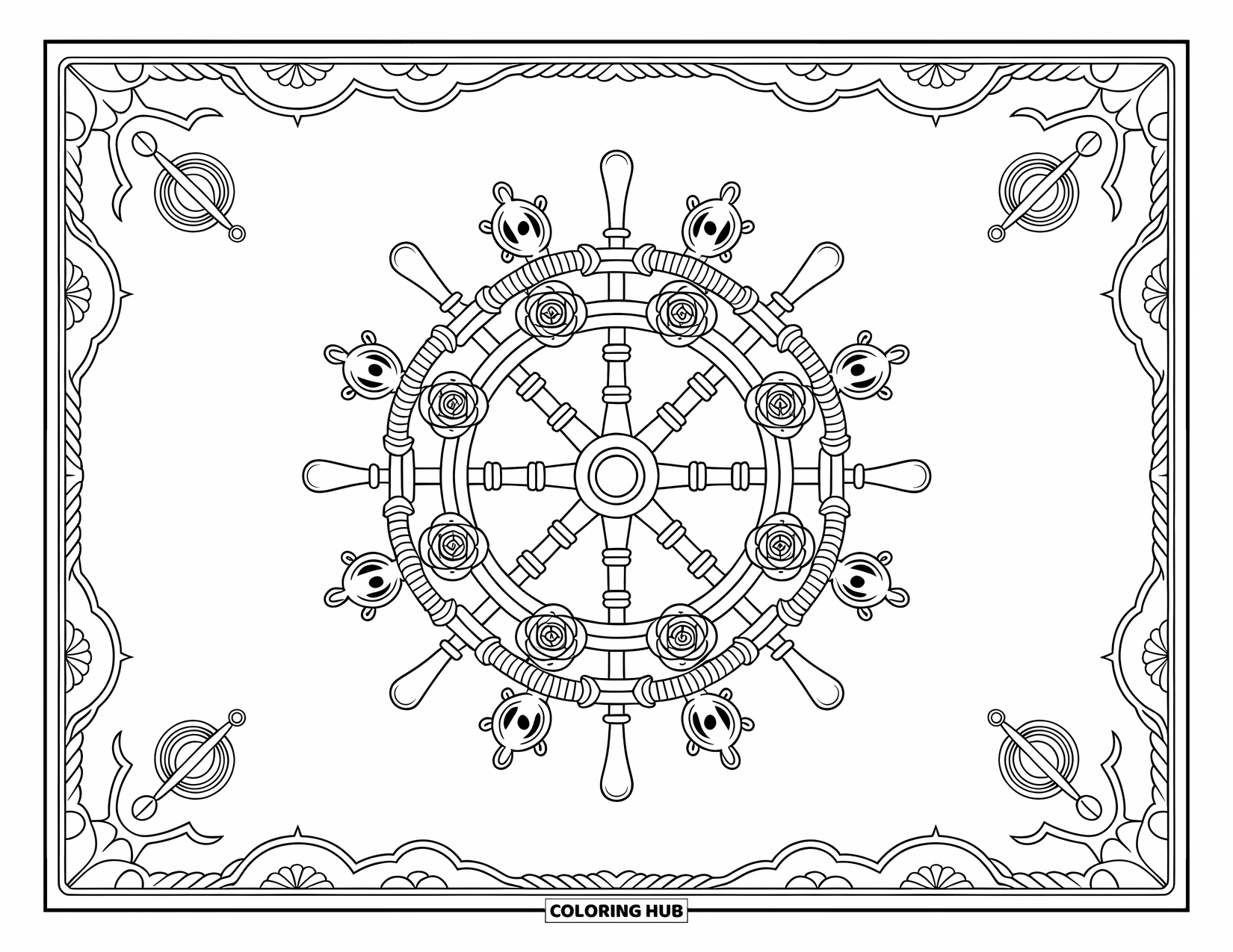 Pirate Coloring Page for Adults: A ship's wheel with roses and ropes, adorned with intricate patterns