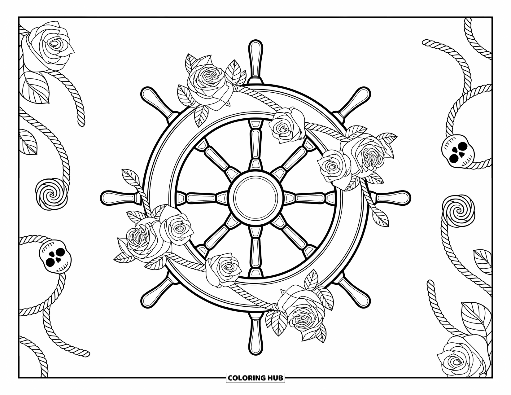 Pirate Coloring Page for Adults: A ship's wheel with roses, ropes, and skulls, filled with detailed designs