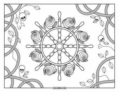 Dibujo de piratas para adultos: Un timón de barco con rosas, cuerdas y calaveras, rodeado de motivos detallados