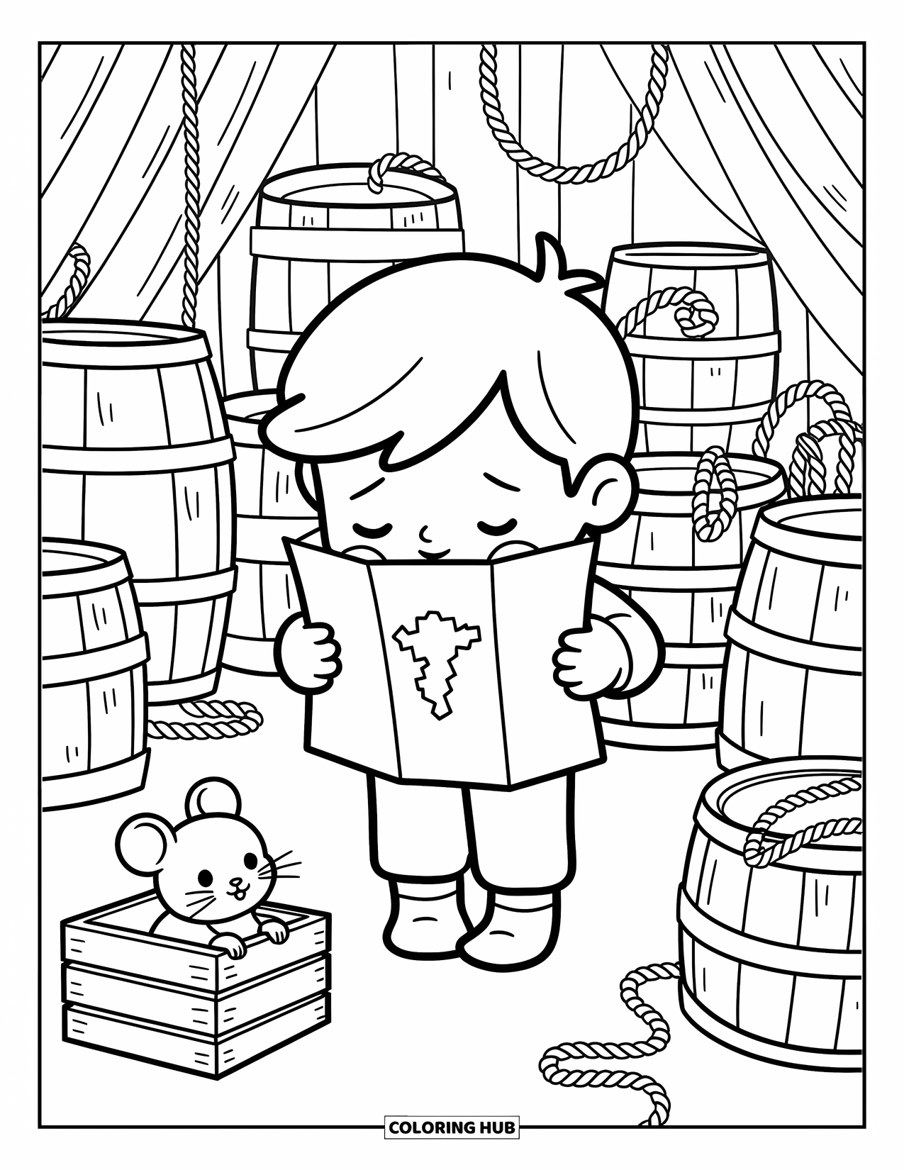Pirate Coloring Page for Adults: A shy cabin boy embraces a map with a curious mouse nearby