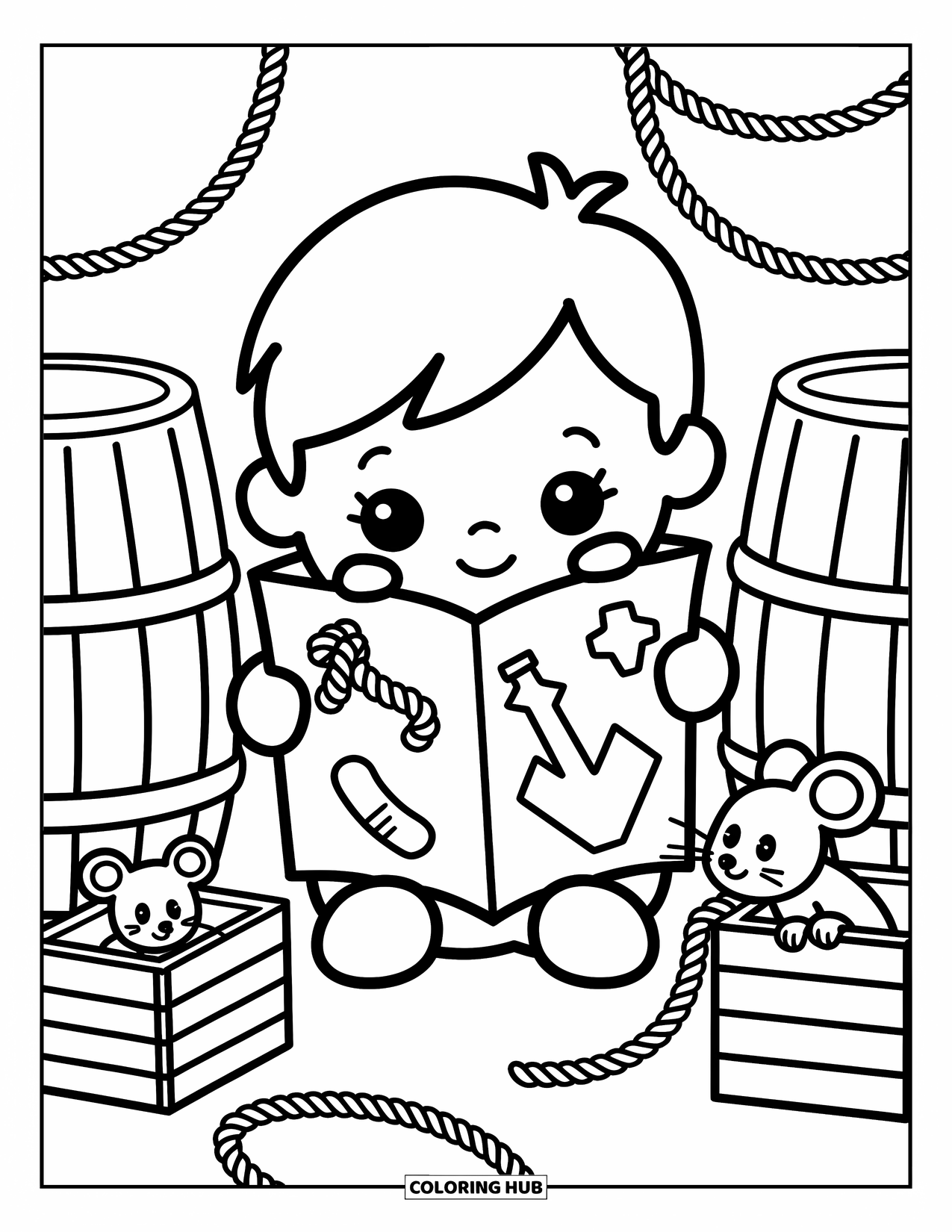 Pirate Coloring Page for Adults: A shy cabin boy hugs a map while a mouse peeks from a crate
