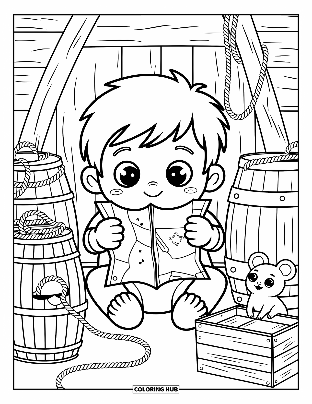 Pirate Coloring Page for Adults: A shy cabin boy hugs a treasure map with a mouse peeking from a crate