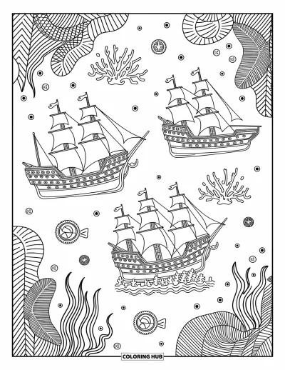 Dibujo de piratas para adultos: Un barco pirata hundido con coral y tesoros en una escena submarina