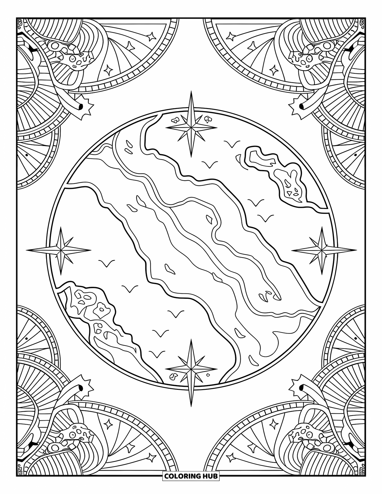 Pirate Coloring Page for Adults: A treasure map adorned with sea creatures, compass roses, and intricate designs