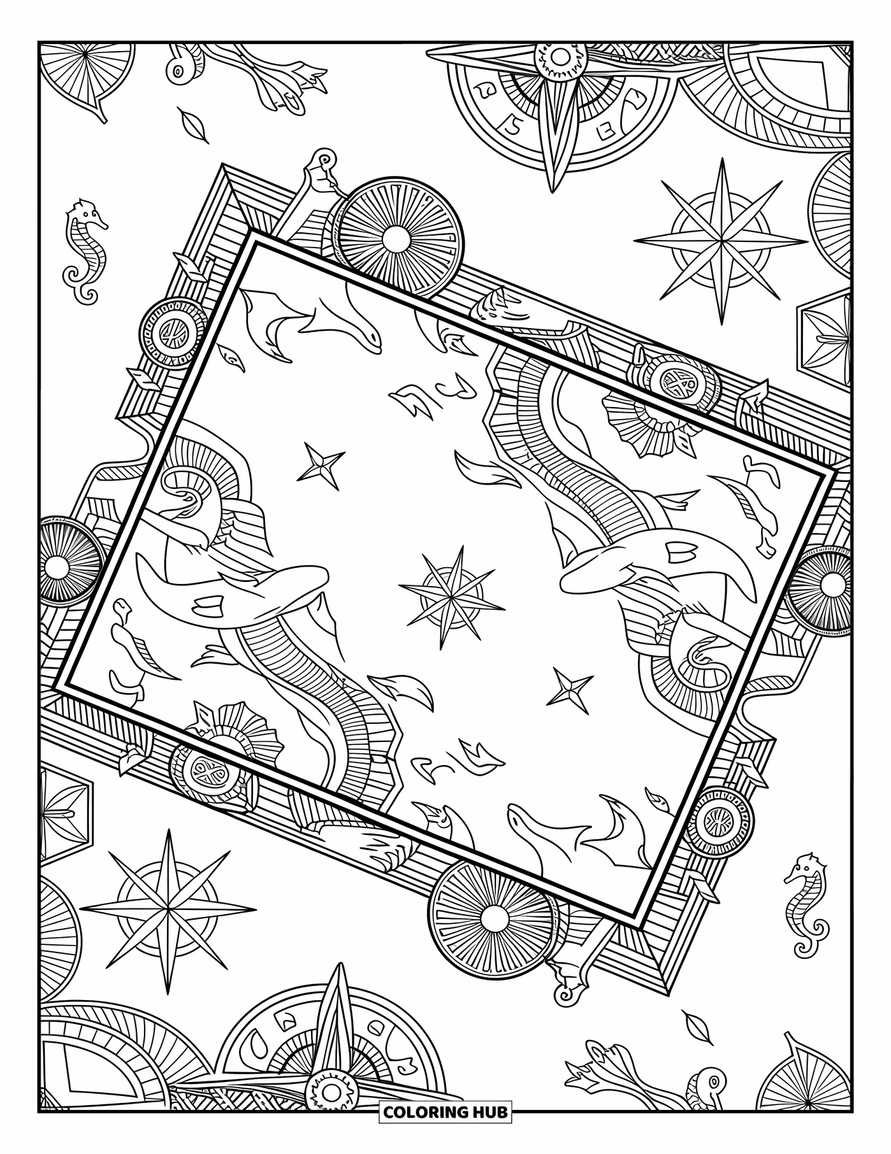Pirate Coloring Page for Adults: A treasure map with sea creatures and compass roses, filled with ornate patterns