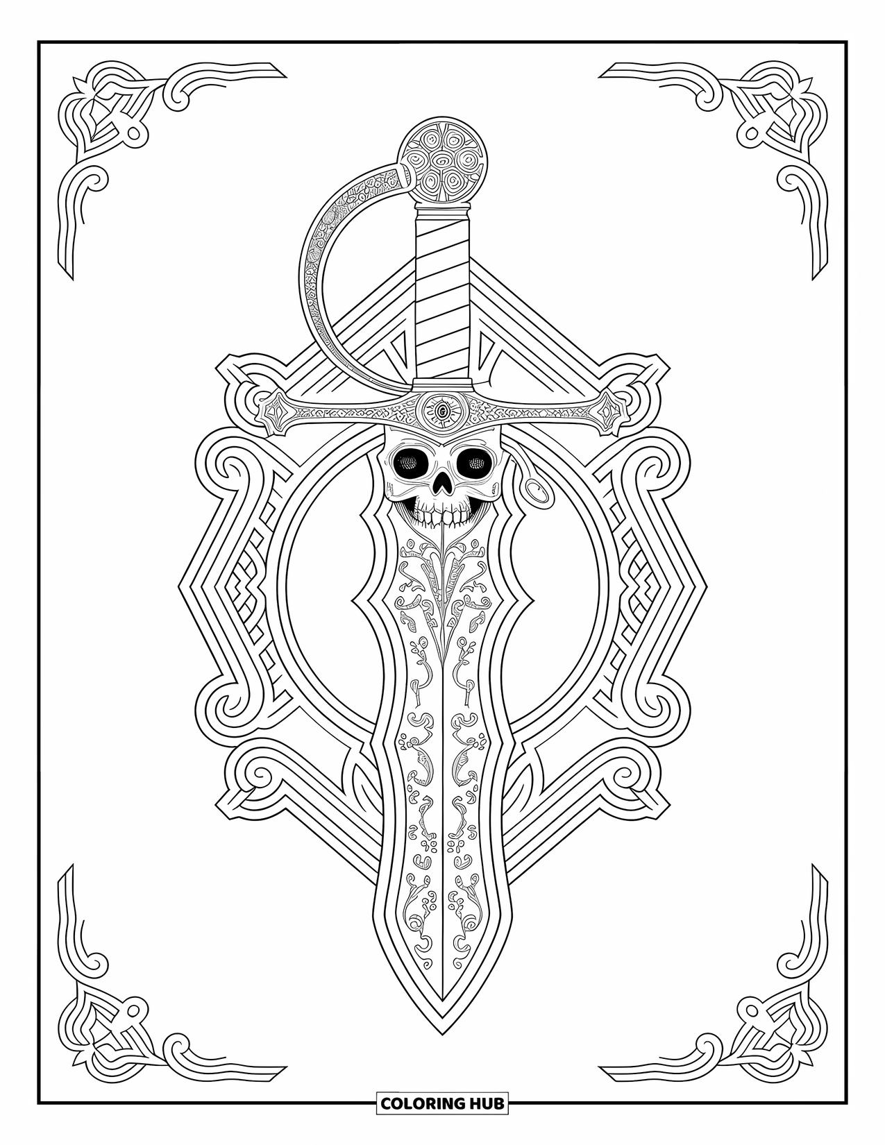 Pirate Coloring Page for Adults: An ornate sword with a skull hilt and engravings, surrounded by detailed patterns