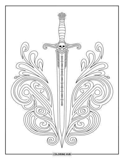 Dibujo de piratas para adultos: Una espada ornamentada con una empuñadura de calavera e intrincados patrones por todas partes