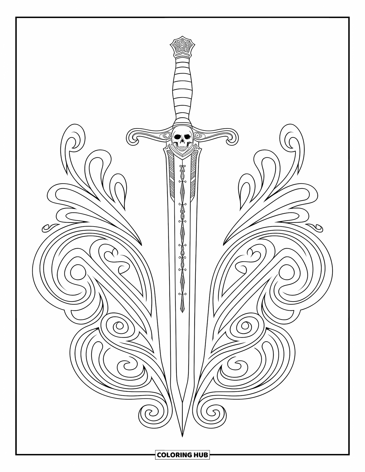 Pirate Coloring Page for Adults: An ornate sword with a skull hilt and intricate patterns all around
