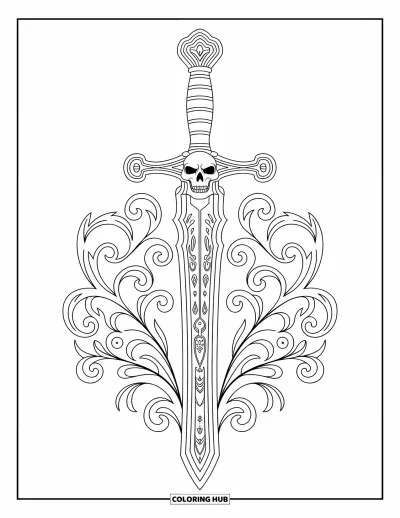 Dibujo de piratas para adultos: Una espada ornamentada con grabados y una empuñadura de calavera rodeada de intrincados patrones