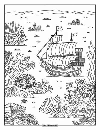 Dibujo de piratas para adultos: Barcos piratas hundidos y tesoros rodeados de coral vibrante e intrincados patrones