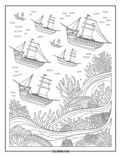 Dibujo de piratas para adultos: Barcos piratas hundidos con coral y tesoros escondidos en una intrincada escena submarina