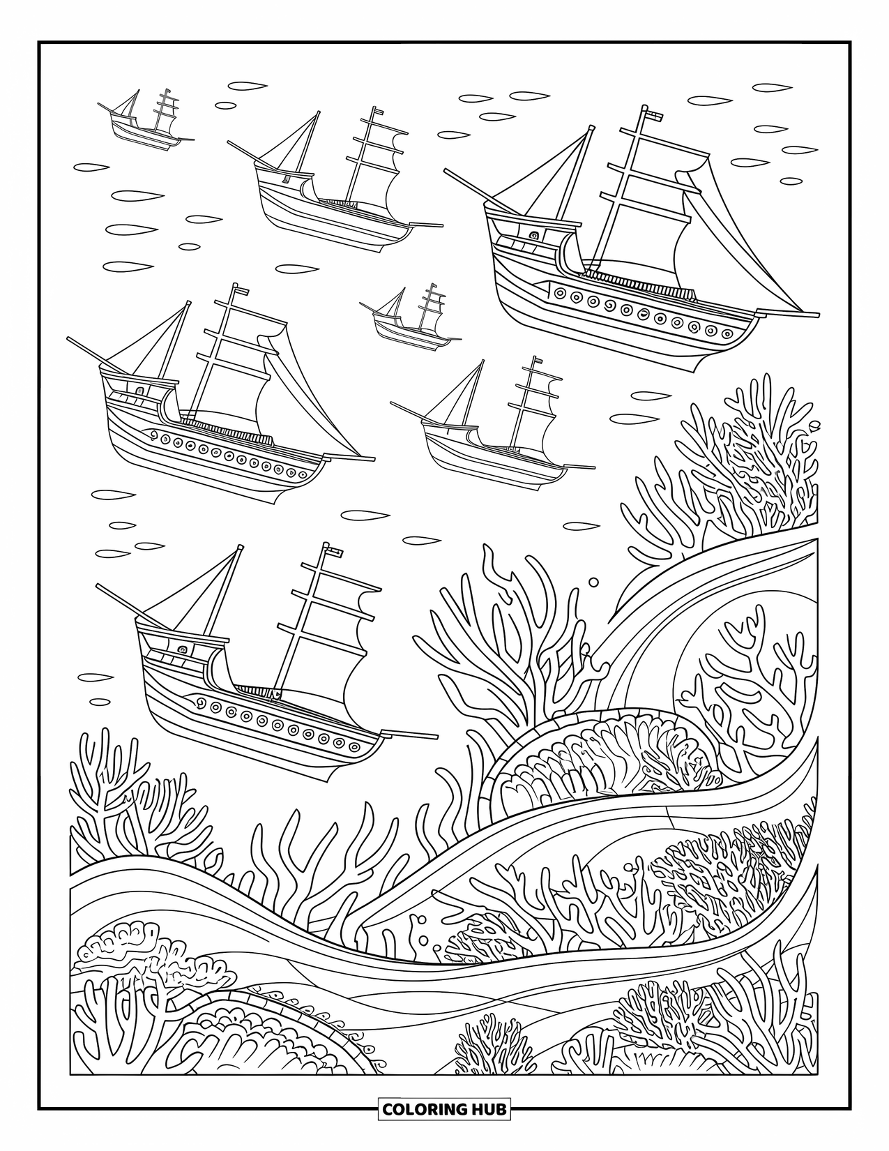 Pirate Coloring Page for Adults: Sunken pirate ships with coral and hidden treasures in an intricate underwater scene