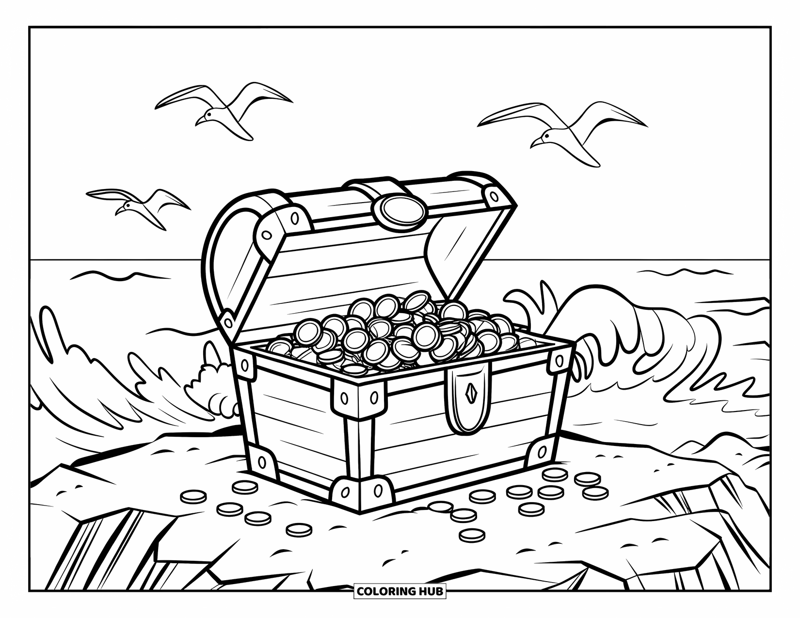 Pirate Coloring Page for Kids: A chest filled with coins and jewels sits by crashing waves