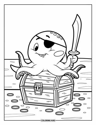 Dibujo para colorear de piratas para niños: Un pulpo pirata gordito con una espada se sienta en un cofre junto a olas tranquilas