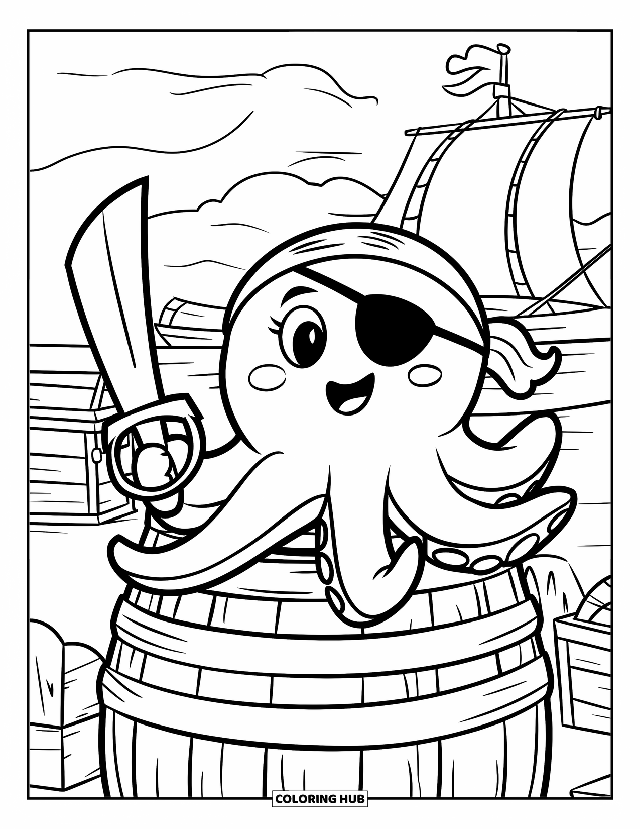 Pirate Coloring Page for Kids: A chubby pirate octopus with an eyepatch sits on a barrel by treasure chests