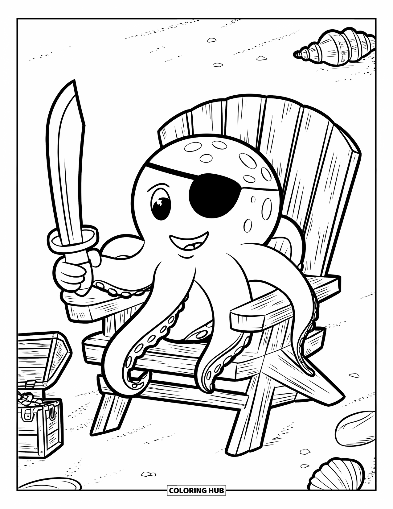 Pirate Coloring Page for Kids: A chubby pirate octopus with an eyepatch sits on a chair by treasure
