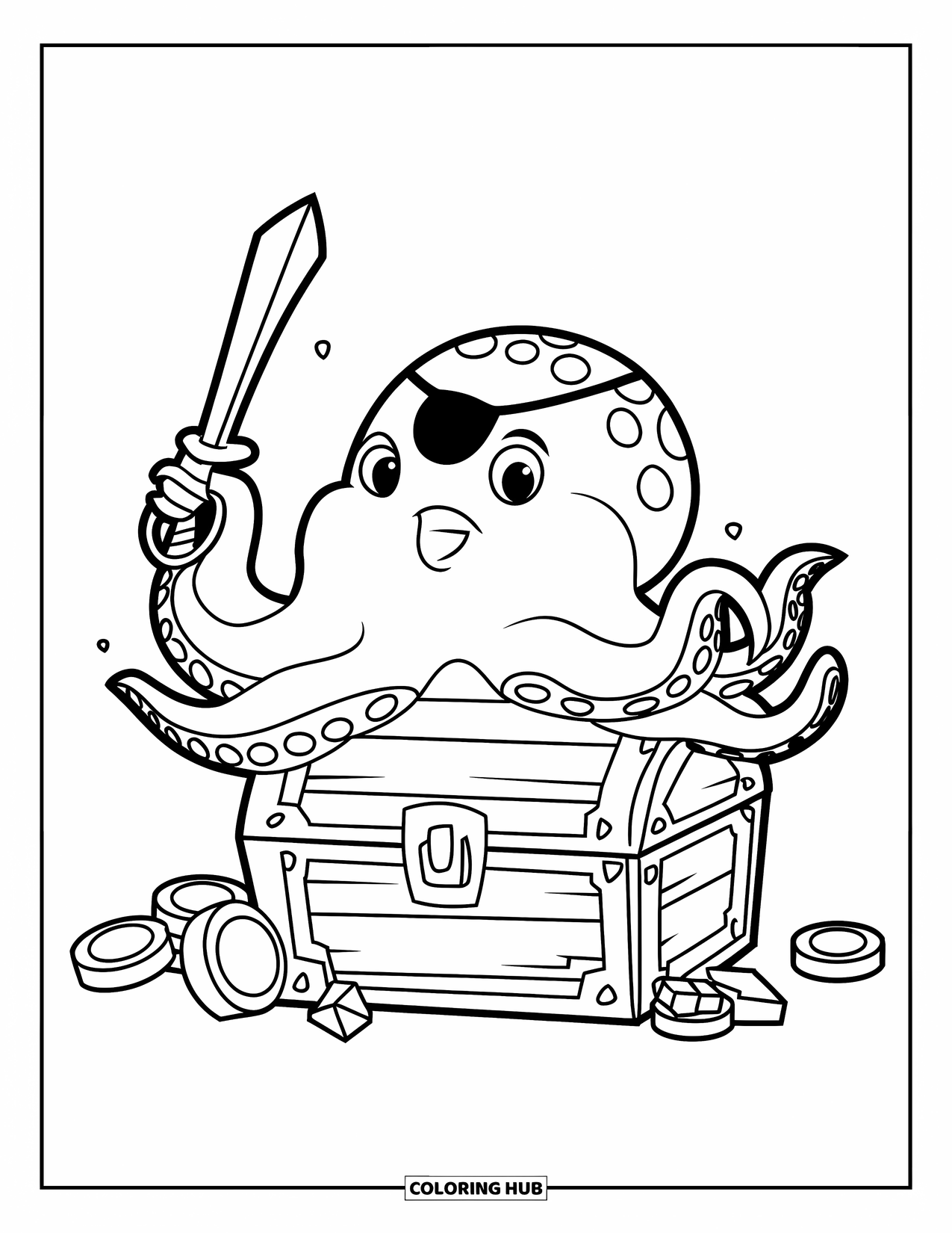 Pirate Coloring Page for Kids: A chubby pirate octopus with an eyepatch sits on a treasure chest with coins