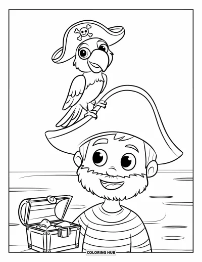 Dibujo para colorear de piratas para niños: Un loro lindo con un sombrero de pirata se sienta en el hombro de un niño pirata junto al mar
