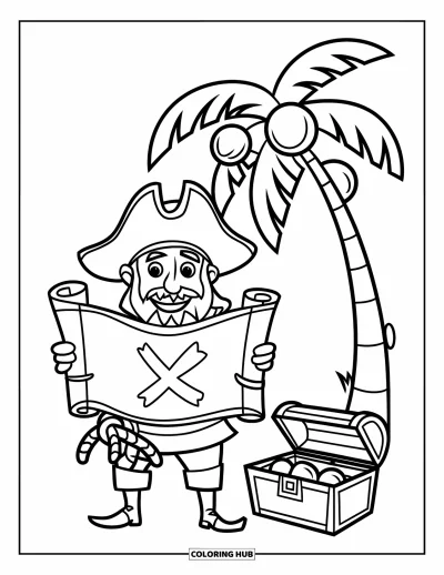 Dibujo para colorear de piratas para niños: Un pirata amigable con un mapa y una espada está junto a un cofre y una palmera
