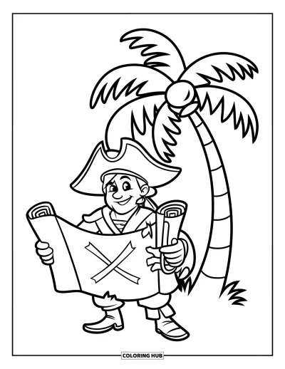 Dibujo de piratas para colorear para niños: Un simpático pirata con un mapa y una espada junto a una palmera con cocos