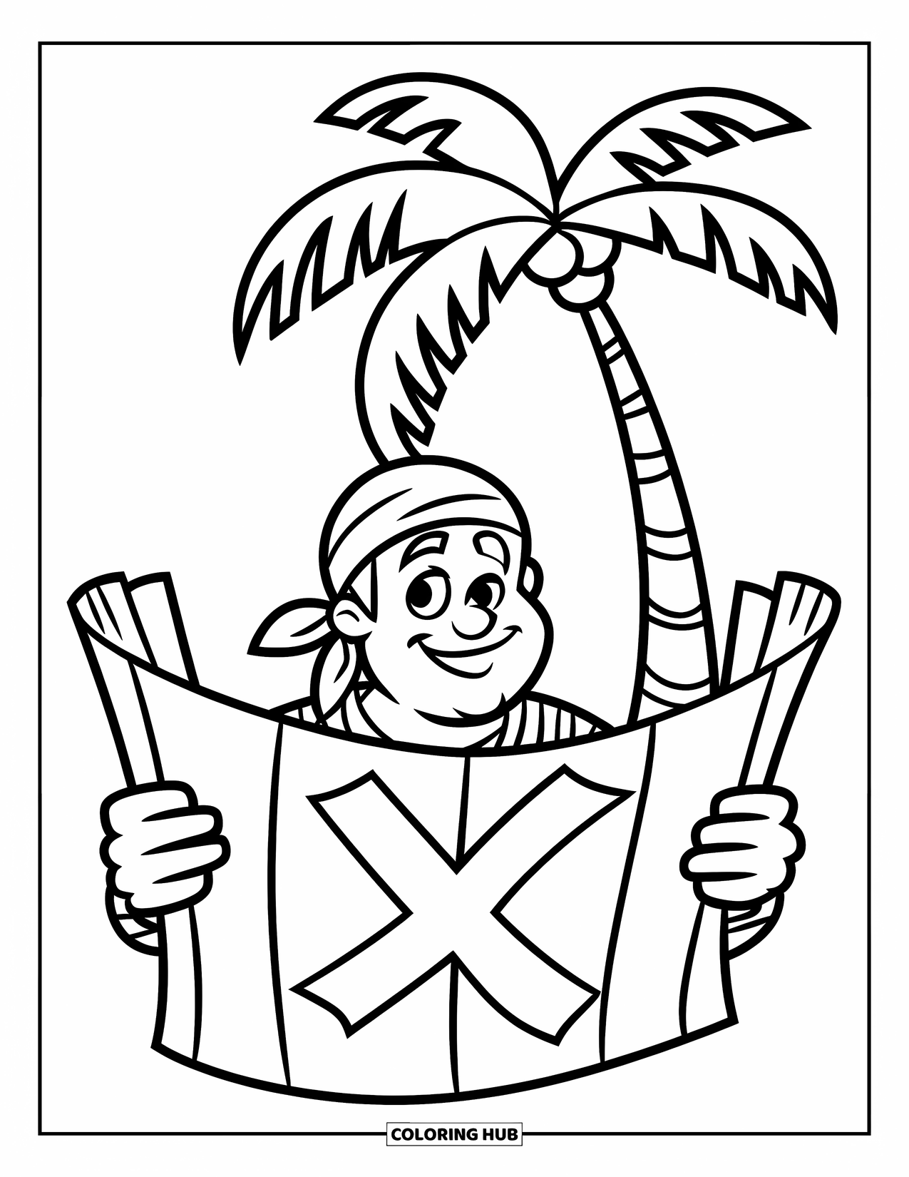 Pirate Coloring Page for Kids: A friendly pirate with a map stands by a palm tree with a few coconuts