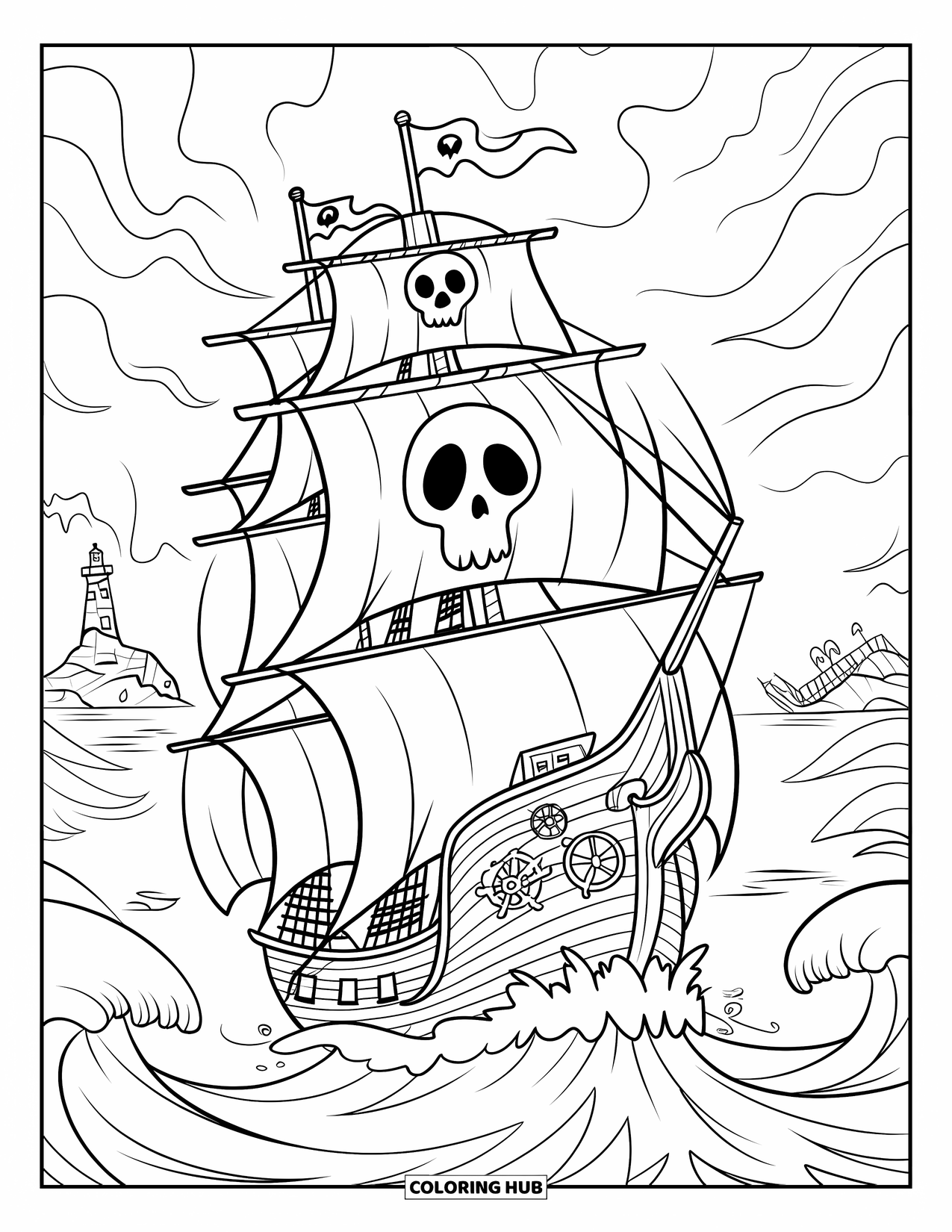 Pirate Coloring Page for Kids: A ghost ship with skull sails, a captain, and a haunted island