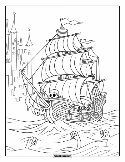 Dibujo de piratas para niños: Un barco fantasma con velas harapientas y linternas cerca de un castillo encantado