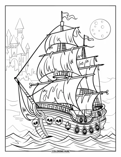 Dibujo de piratas para niños: Un barco fantasma con velas harapientas y calaveras navega a través de un mar tormentoso