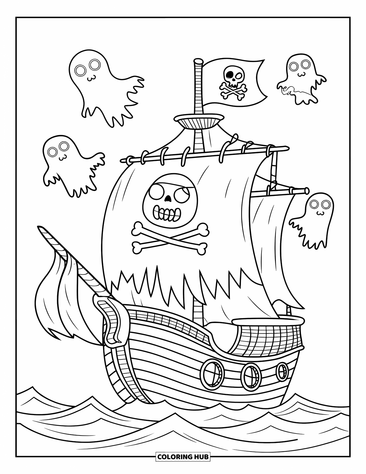 Pirate Coloring Page for Kids: A ghostly pirate captain on a ship with ghostly crew and ocean waves