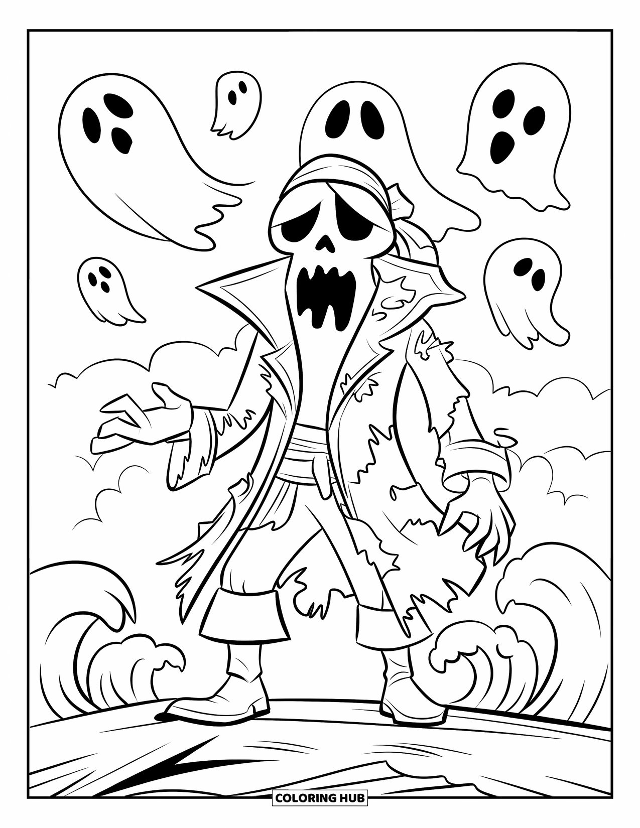 Pirate Coloring Page for Kids: A ghostly pirate captain on rocks with waves and spooky ghosts in the distance