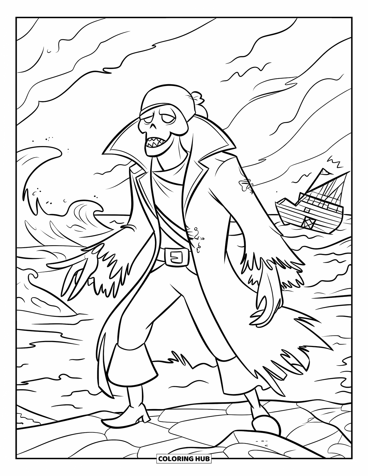 Pirate Coloring Page for Kids: A ghostly pirate captain with glowing eyes stands on rocky terrain by stormy waves