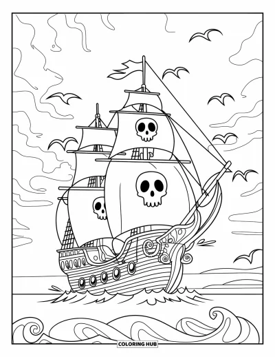 Dibujo para colorear de piratas para niños: Un barco pirata fantasmal con velas de calavera flota bajo un cielo nublado