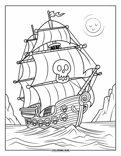 Dibujo para colorear de piratas para niños: Un barco pirata fantasmal con calaveras en las velas navega durante la noche