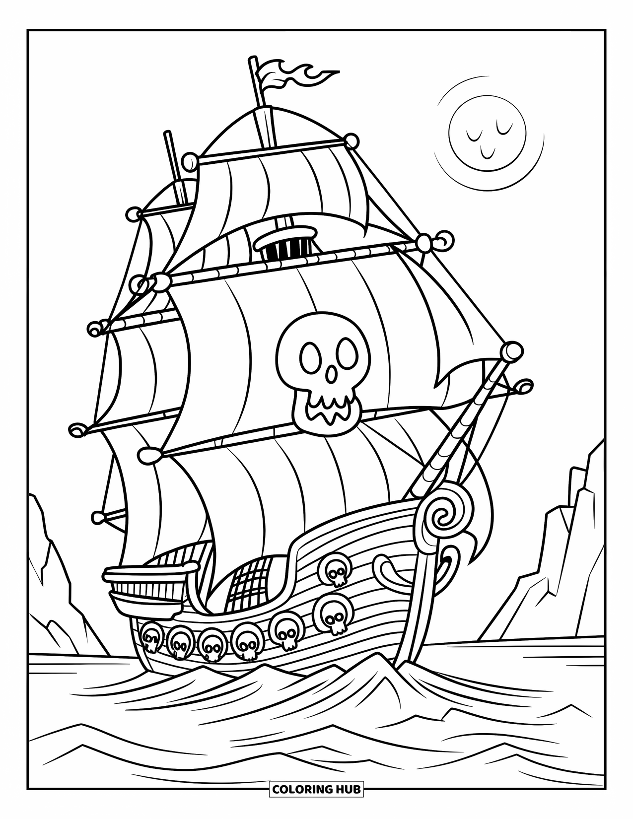 Pirate Coloring Page for Kids: A ghostly pirate ship with skulls in sails sails through the night