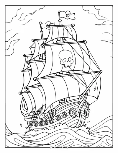 Dibujo para colorear de piratas para niños: Un barco pirata fantasmal con calaveras en las velas y olas espeluznantes