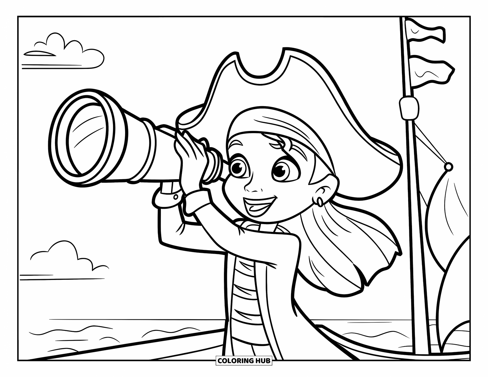 Pirate Coloring Page for Kids: A girl pirate holds a telescope excitedly on a ship by the ocean