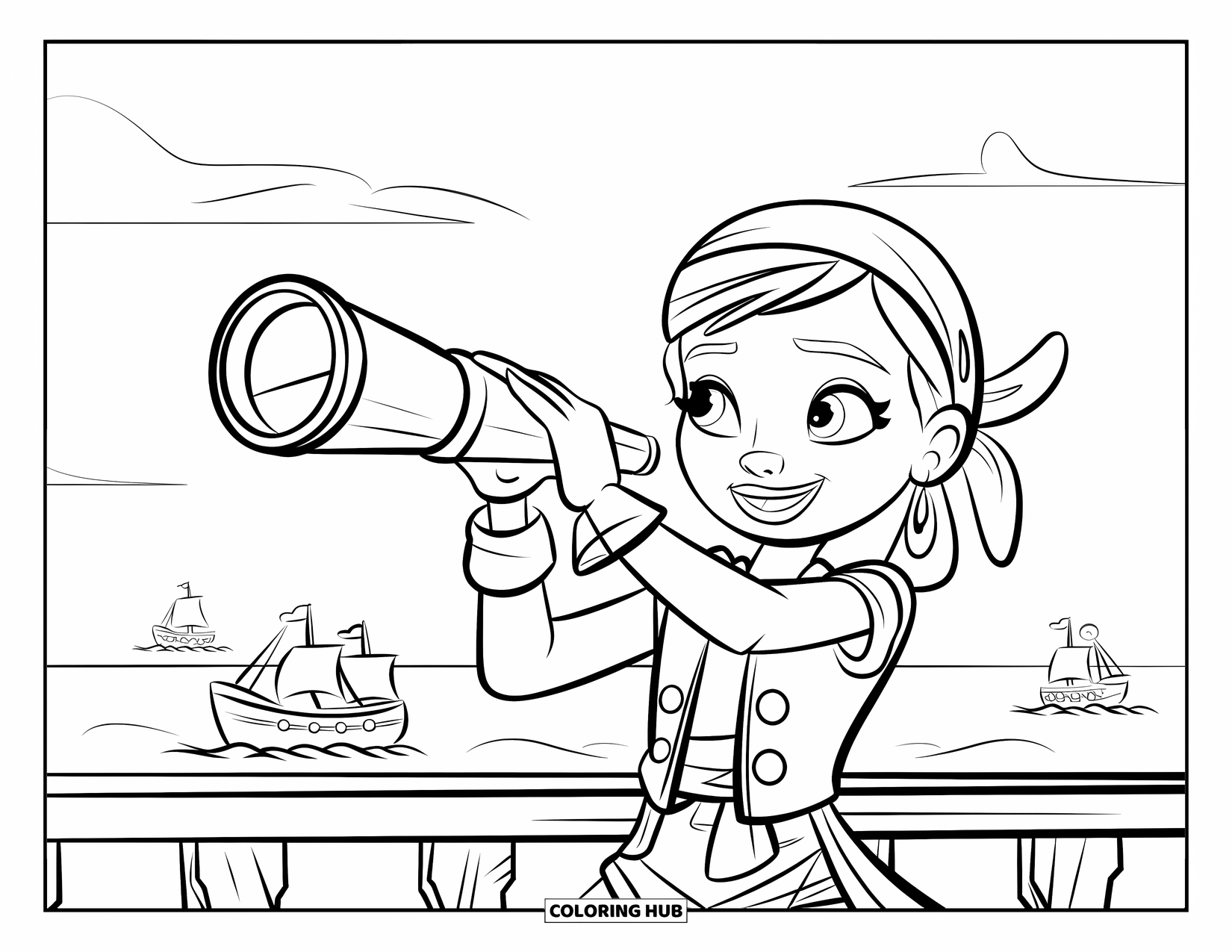 Pirate Coloring Page for Kids: A girl pirate with a telescope stands excitedly on a ship with clouds