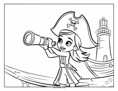 Dibujo para colorear de piratas para niños: Una niña pirata con un telescopio está de pie en una tabla junto a un faro